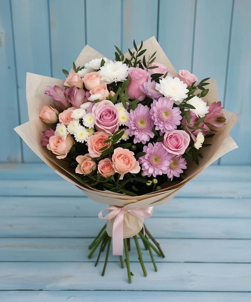 Букет цветов из: Хризантемы, Розы и Альстромерии в Пронске